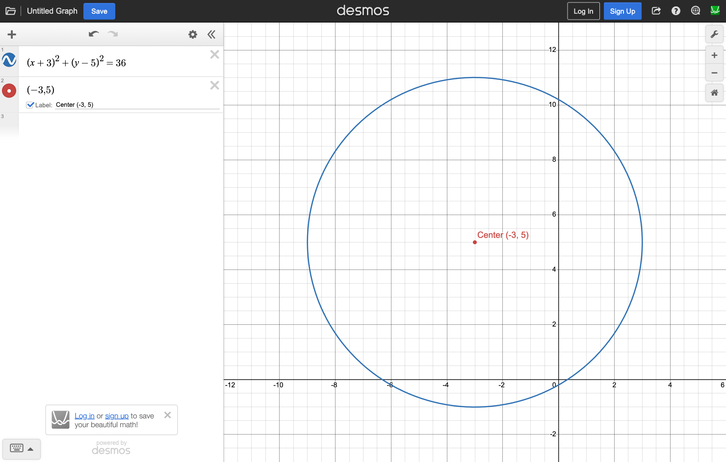 Circle (x+3)^2 + (y-5)^2 = 36 with center at (-3, 5) labeled