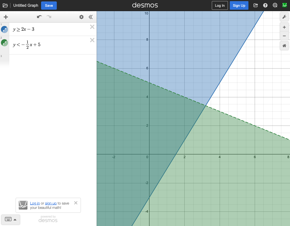 Inequalities y >= 2x - 3 and y < -(1/2)x + 5 with overlapping shaded regions