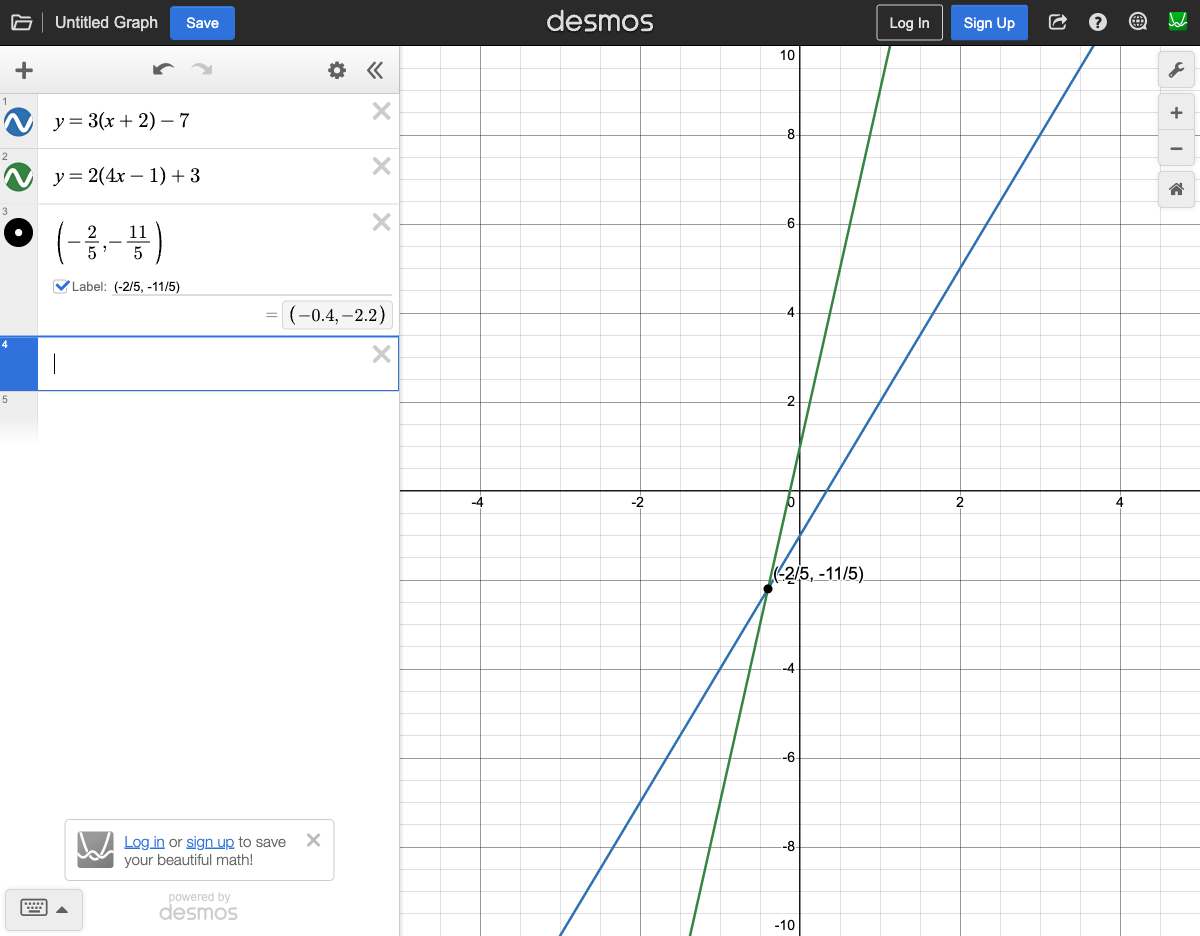 Two lines y = 3(x+2) - 7 and y = 2(4x-1) + 3 intersecting at (-2/5, -11/5)